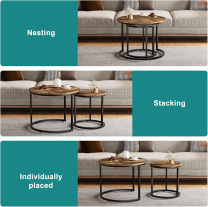 Smuxee Nesting Coffee Table Set of 2, 23.6" Round Coffee Table Rustic Wood Top with Adjustable