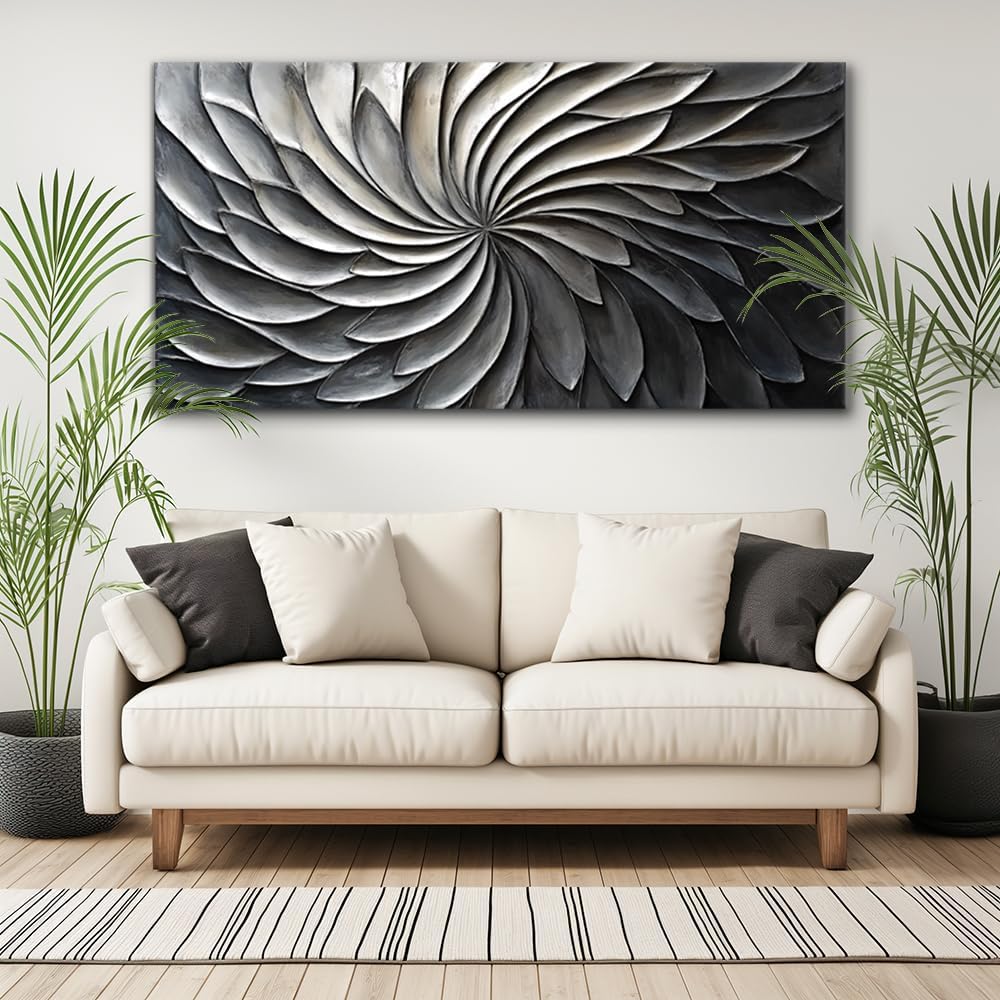 LASMOND Abstract Black and White Wall Art for Living Room Modern Canvas Print Painting Lines Flower