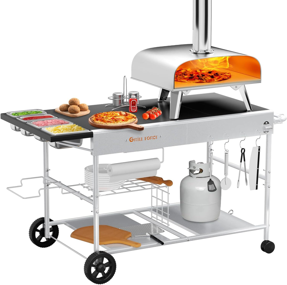 Pizza Oven Table with Topping Station, Outdoor Pizza Oven Cart, Grill Table for Outside, Grill