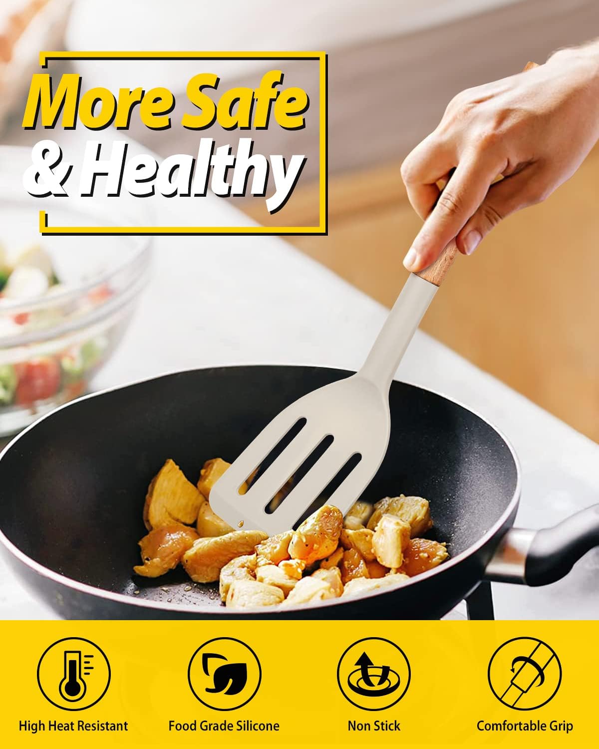 Pack of 2 Silicone Cooking Spatula, Heat Resistant Solid Turner, Non Stick Slotted Spatulas with