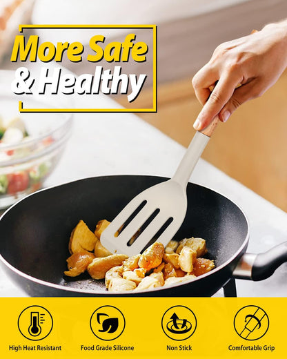 Pack of 2 Silicone Cooking Spatula, Heat Resistant Solid Turner, Non Stick Slotted Spatulas with