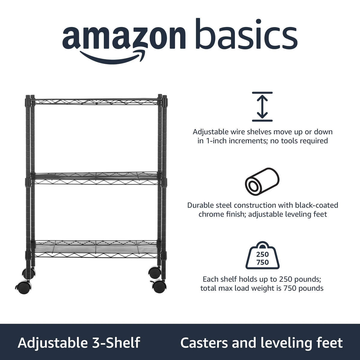 Amazon Basics 3-Shelf Adjustable Heavy Duty Storage Shelving Unit on 2" Wheels, Metal Wire Rack for