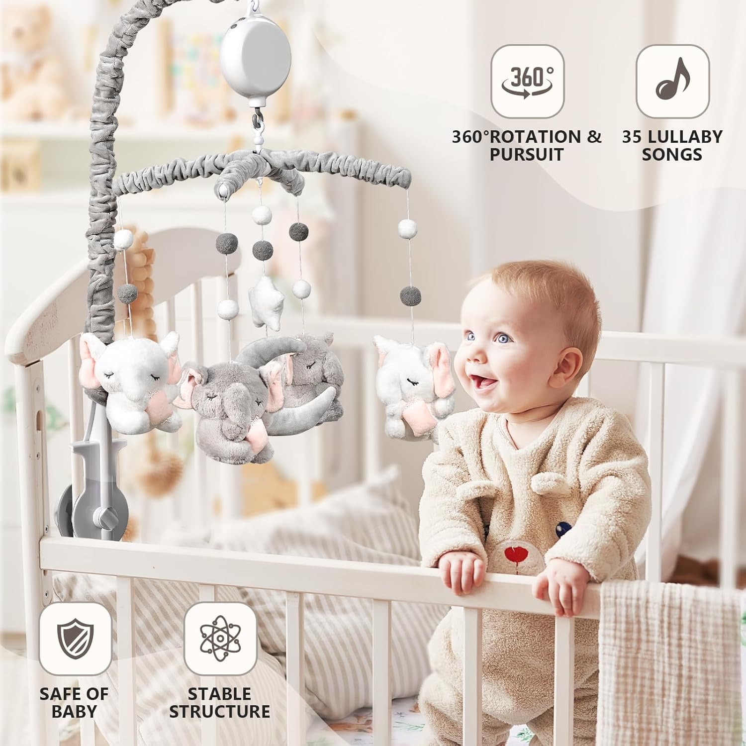 Baby Crib Mobile - Elephant Crib Mobile for Girls with 25 Inches Mobile Arm and 35 Lullabies