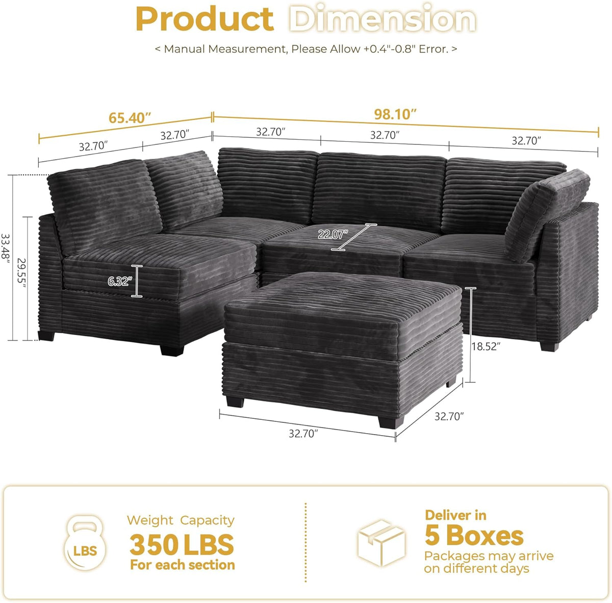 HOOOWOOO Modular Sectional Sofa,5 Pieces Sectional Couches for Living Room,98X55 L Shaped Cloud