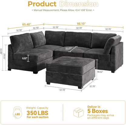 HOOOWOOO Modular Sectional Sofa,5 Pieces Sectional Couches for Living Room,98X55 L Shaped Cloud