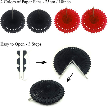 ZERODECO Party Decoration, 21 Pcs Black and Red Hanging Paper Fans Pom Poms Flowers, Garlands
