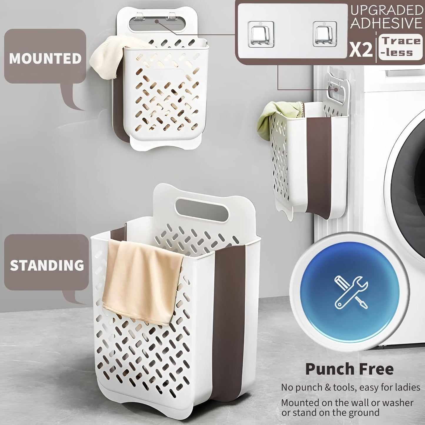 Plastic Collapsible Hanging Laundry Baskets with Carry Handle, Space-Saving Wall Hanging Laundry