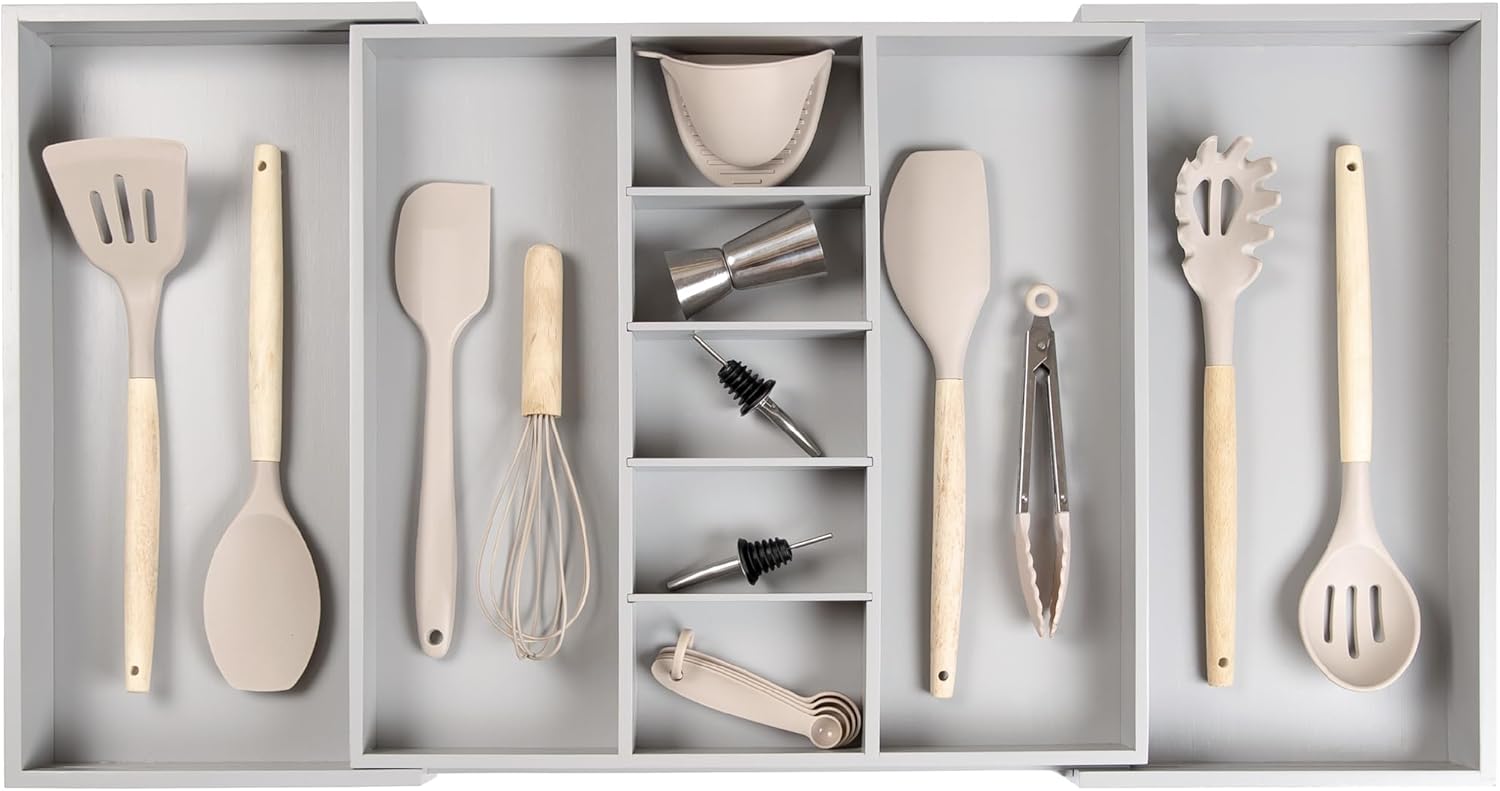 Adjustable Kitchen Drawer Organizer for Utensils and Junk, Food-Safe Contract Grade with 100%