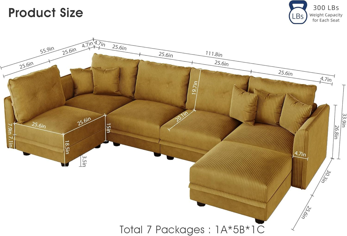LLappuil Modular Sectional Sofa with Storage Seats, Corduroy Convertible Modular U Shaped Sectional
