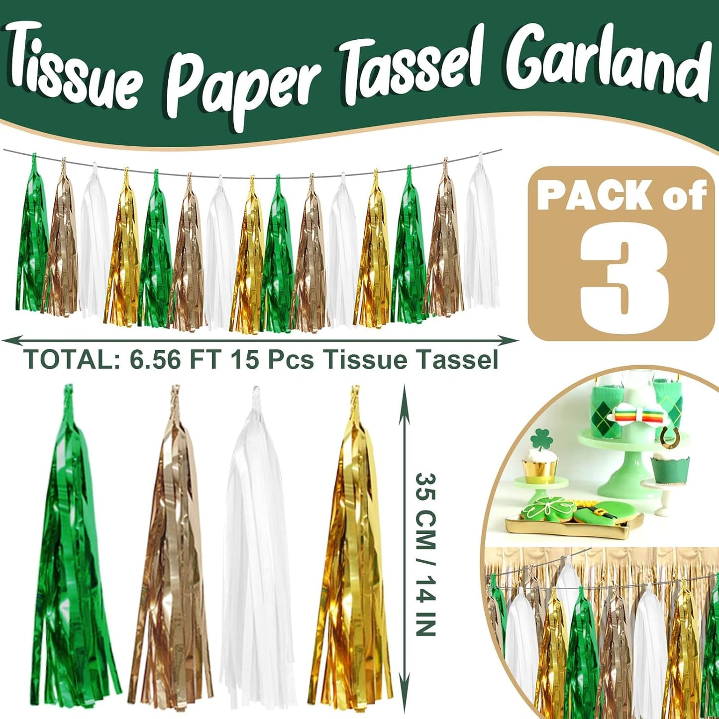 3P Sage-Green Beige-Mint Gold Foil Fringe Metallic Tassel Garland Banner, Tassels Banner Streamers