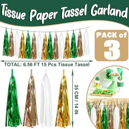 3P Sage-Green Beige-Mint Gold Foil Fringe Metallic Tassel Garland Banner, Tassels Banner Streamers
