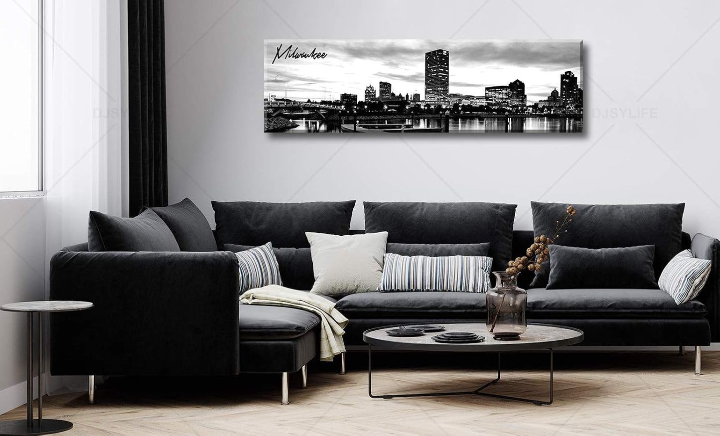 DJSYLIFE Milwaukee Skyline Wall Art Black and White Stretched Canvas Wall Art Prints for Bedroom or