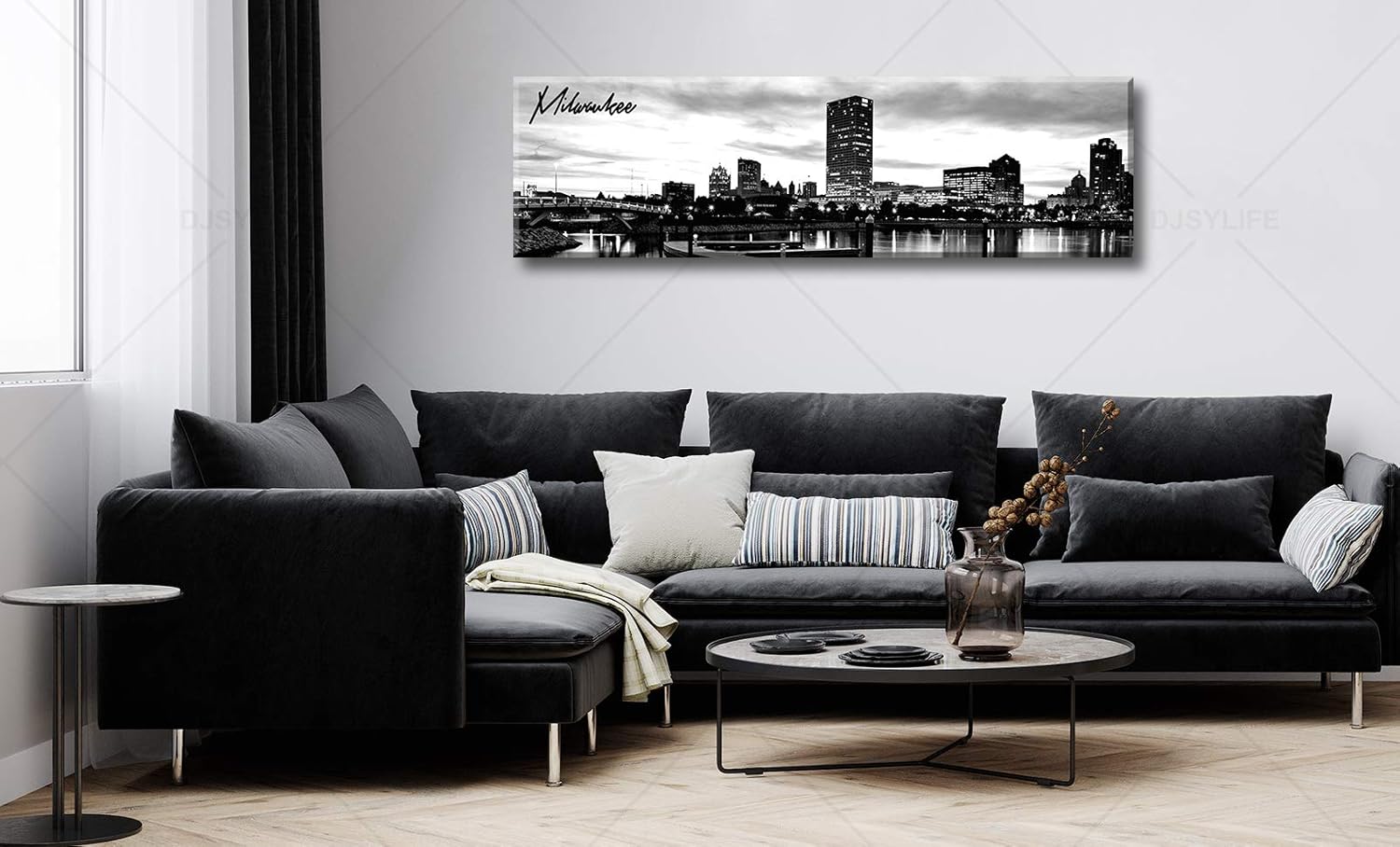 DJSYLIFE Milwaukee Skyline Wall Art Black and White Stretched Canvas Wall Art Prints for Bedroom or
