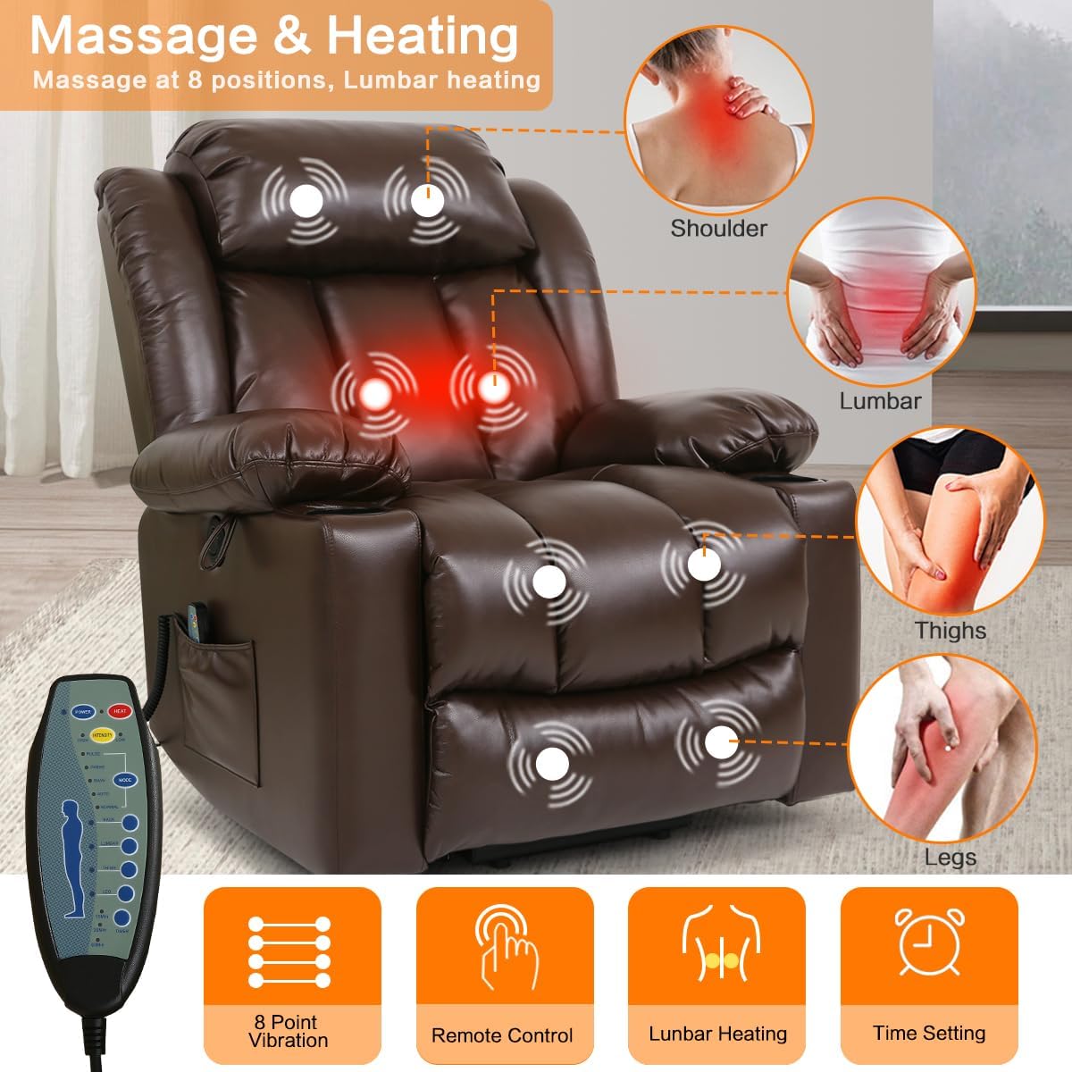 Power Lift Recliner Chair for Elderly Breathable Leather Recliner Chair with Massage and Heat for