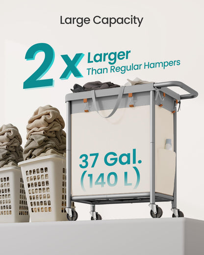 SONGMICS Laundry Basket with Wheels, 2-Section Rolling Laundry Hamper, 37 Gallons (140 L)