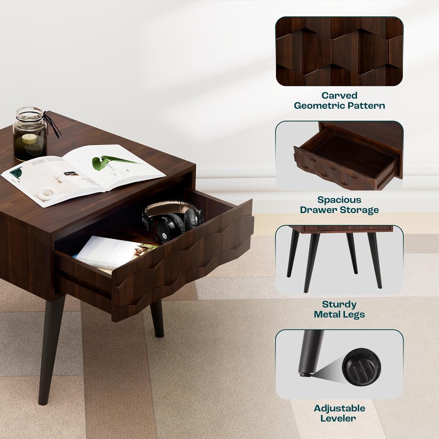Bme Georgina Solid Wood Nightstands with Drawers - Fully Assembled Rustic Geometric Pattern Bedside