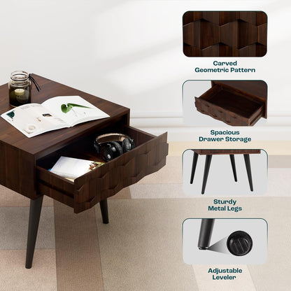 Bme Georgina Solid Wood Nightstands with Drawers - Fully Assembled Rustic Geometric Pattern Bedside