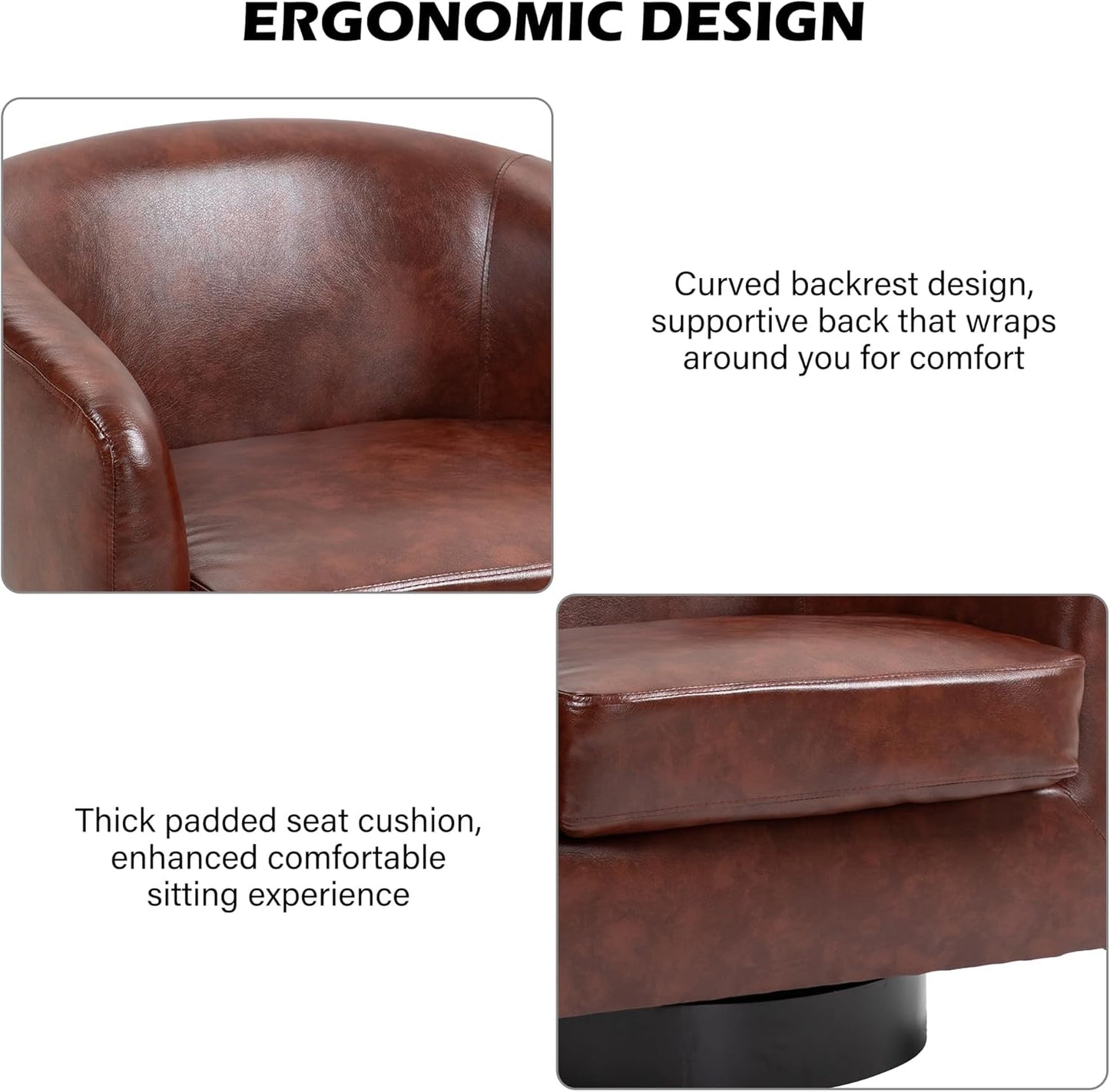Swivel Barrel Accent Chair, Modern Round Faux Leather Arm Chair for Living Room, Bedroom, Comfy