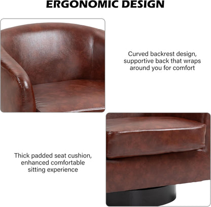 Swivel Barrel Accent Chair, Modern Round Faux Leather Arm Chair for Living Room, Bedroom, Comfy
