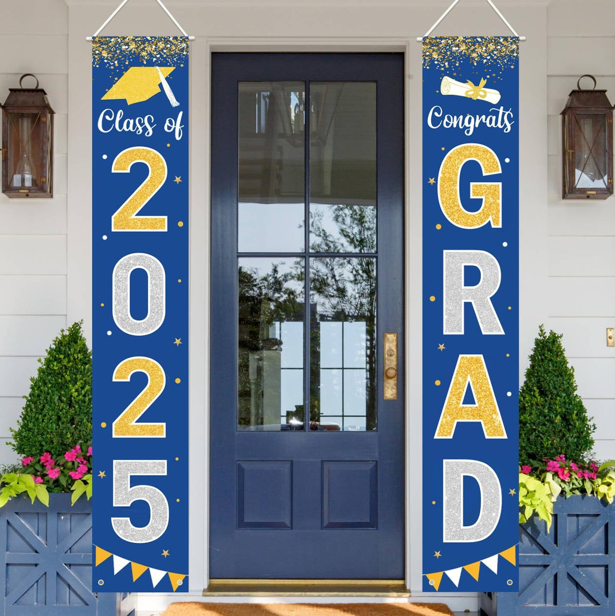Graduation Decorations 2025 GRAD Banner Blue Porch Door Sign Welcome Banner For Indoor Outdoor Wall