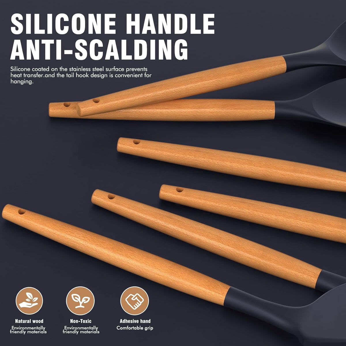 Silicone Cooking Utensils Set - Silicone Kitchen Utensils for Cooking Wooden Handles, 446°F Heat