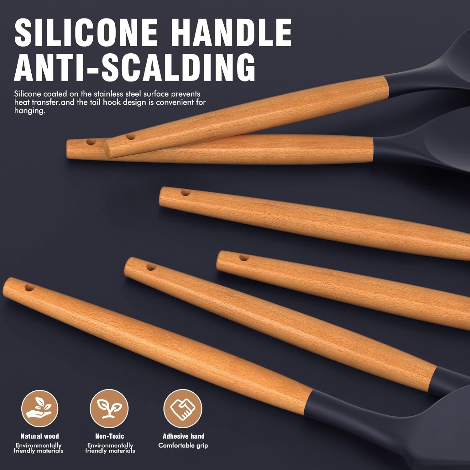 Silicone Cooking Utensils Set - Silicone Kitchen Utensils for Cooking Wooden Handles, 446°F Heat