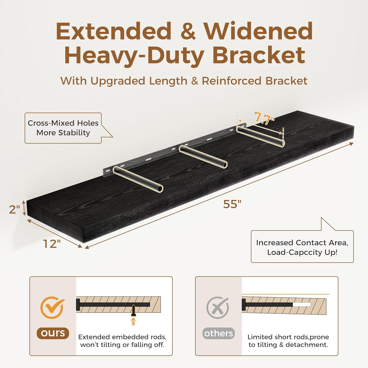 Black Floating Shelves 55 Inch Long, 12 Inch Deep Floating Shelves for Wall, 55 x 9 Large Floating