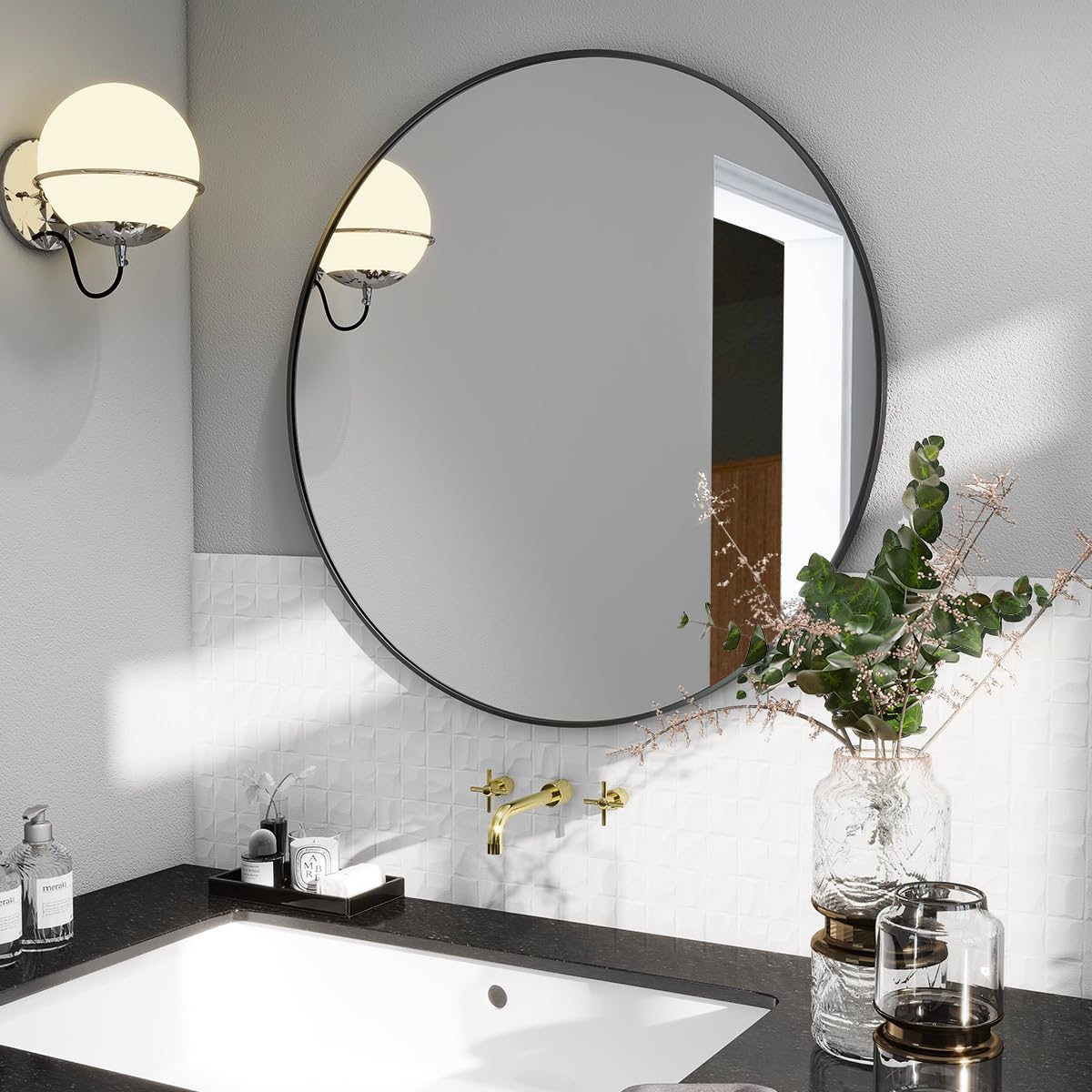 BEAUTYPEAK 24 Inch Round Mirror, Metal Frame Circle Mirror, Wall Mounted for Entryway, Bathroom