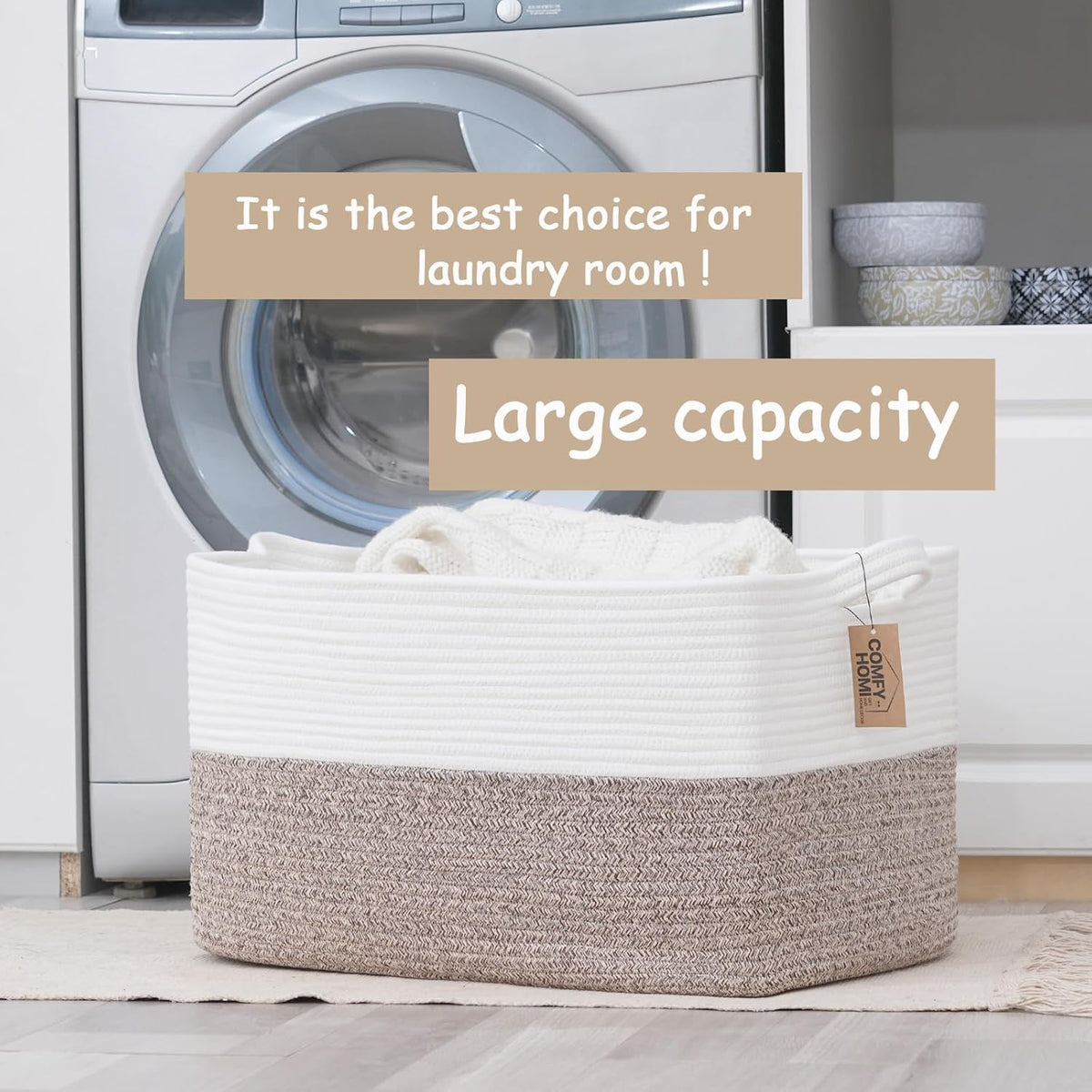 COMFY-HOMI Large Laundry for Organizing|Rectangle Cotton Rope Storage with Handles|Blanket for