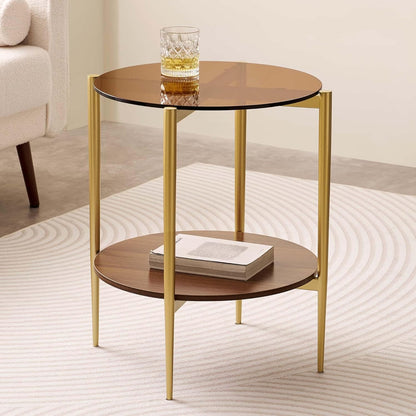 Round Glass End Table, Mid-Century Modern Design Sofa Table for Living Room, D18 x H23, 2-Tier