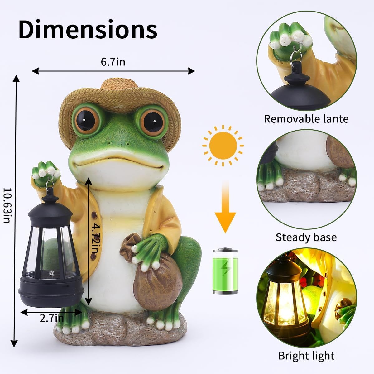 Solar Garden Outdoor Frog Statue 10 inches Tall - with Handheld Lanterns - Detachable - Patio