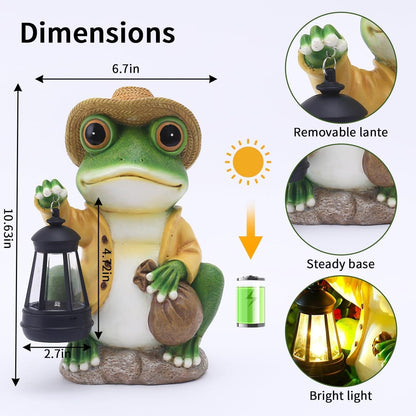 Solar Garden Outdoor Frog Statue 10 inches Tall - with Handheld Lanterns - Detachable - Patio