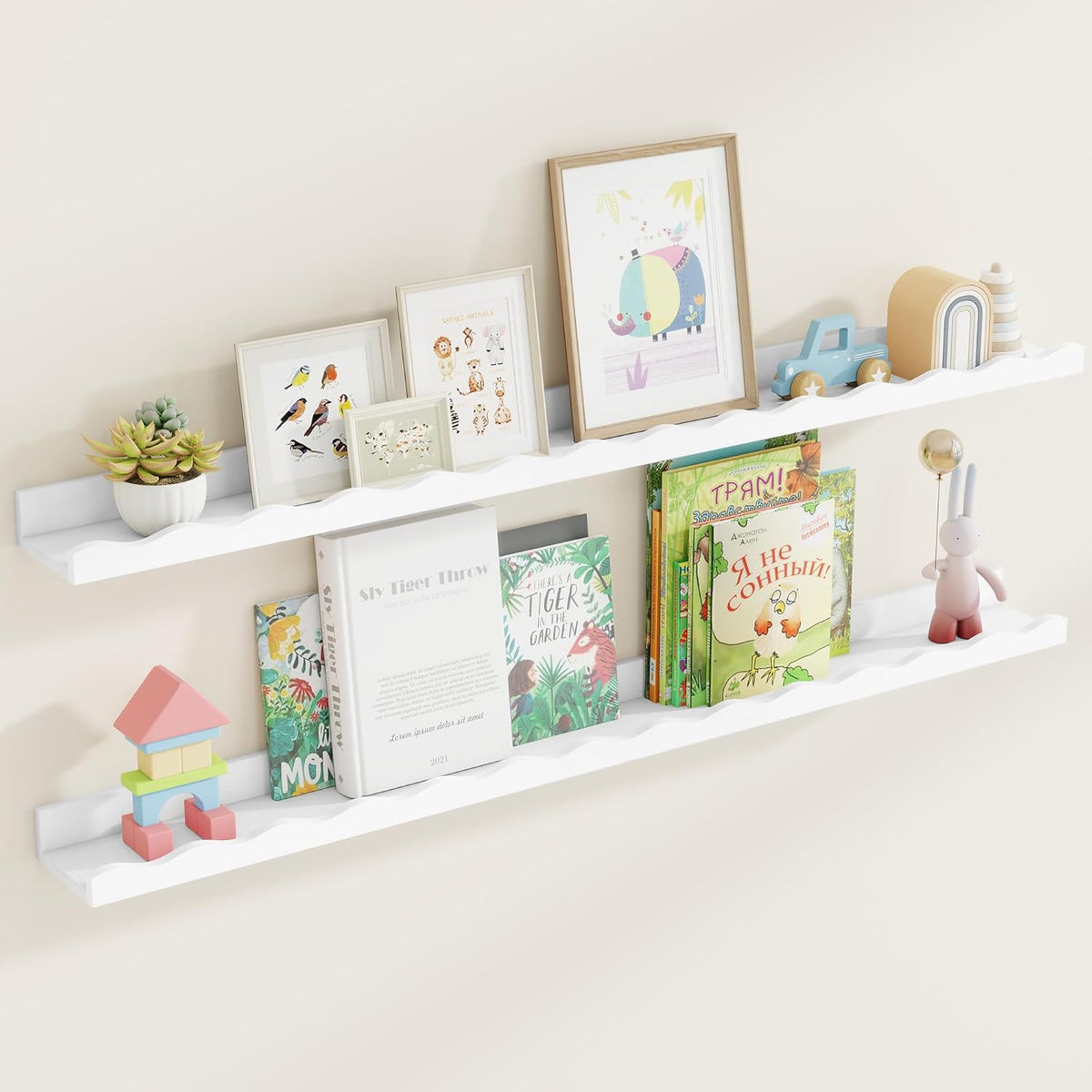 Fun Memories Picture Ledge Shelf for Wall, 48 inch Pine Wood Nursery Book Shelves Set of 2- Wall