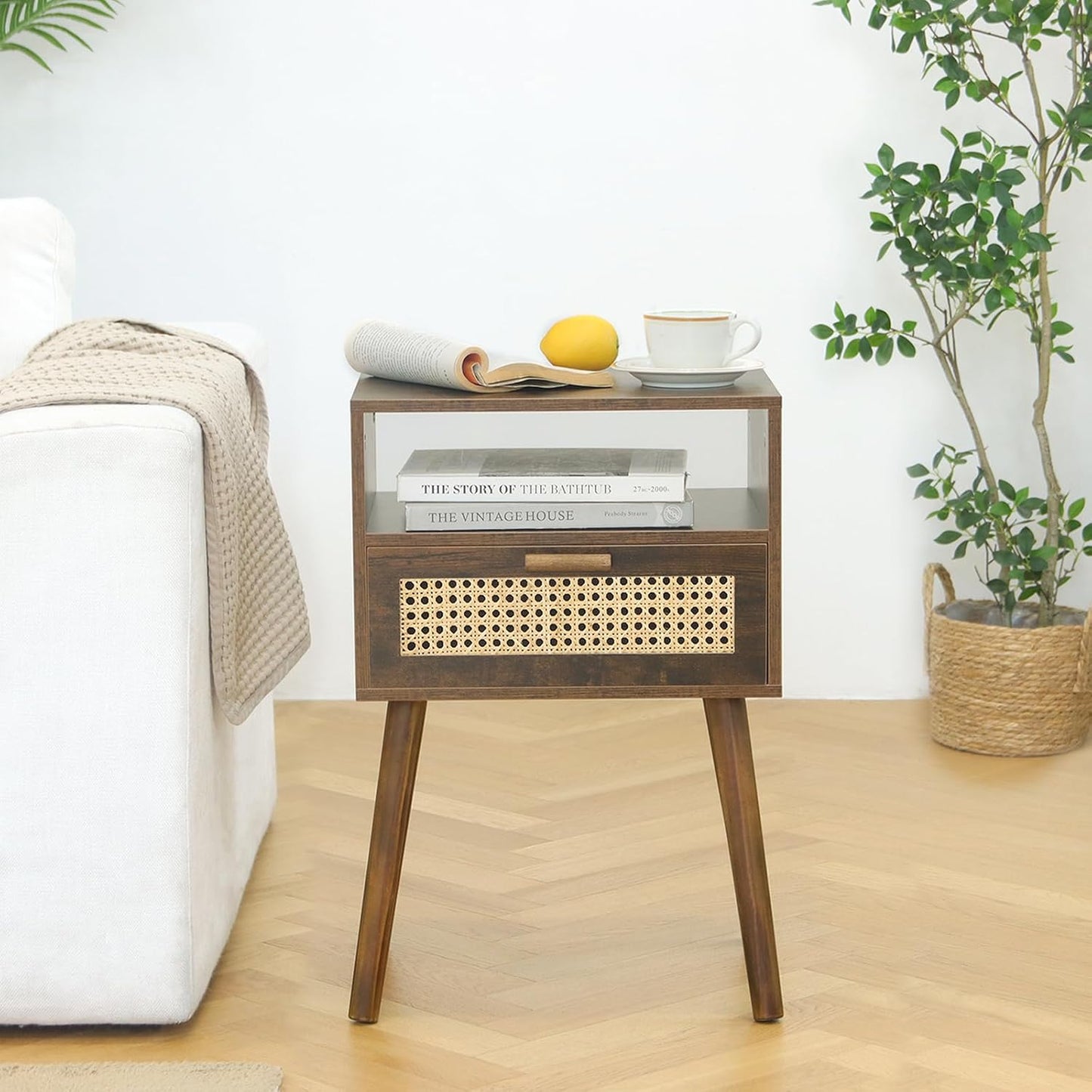 MaxSmeo Mid Century Nightstand, Rattan Side Table with Drawer, Wood Modern Bedside Table for