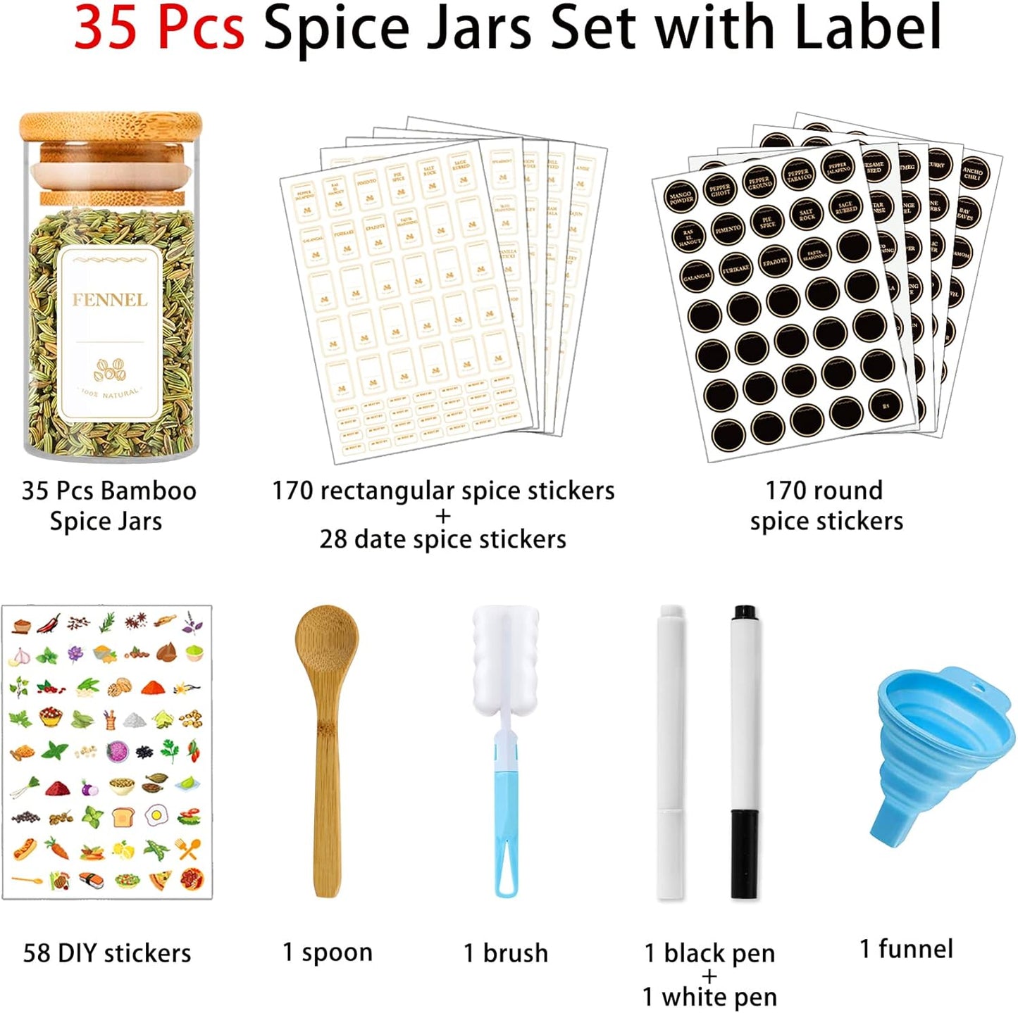 Spice Jars with Labels, 35 Pcs 4 oz Glass Spice Jars with Bamboo Lids, Minimalist Stackable