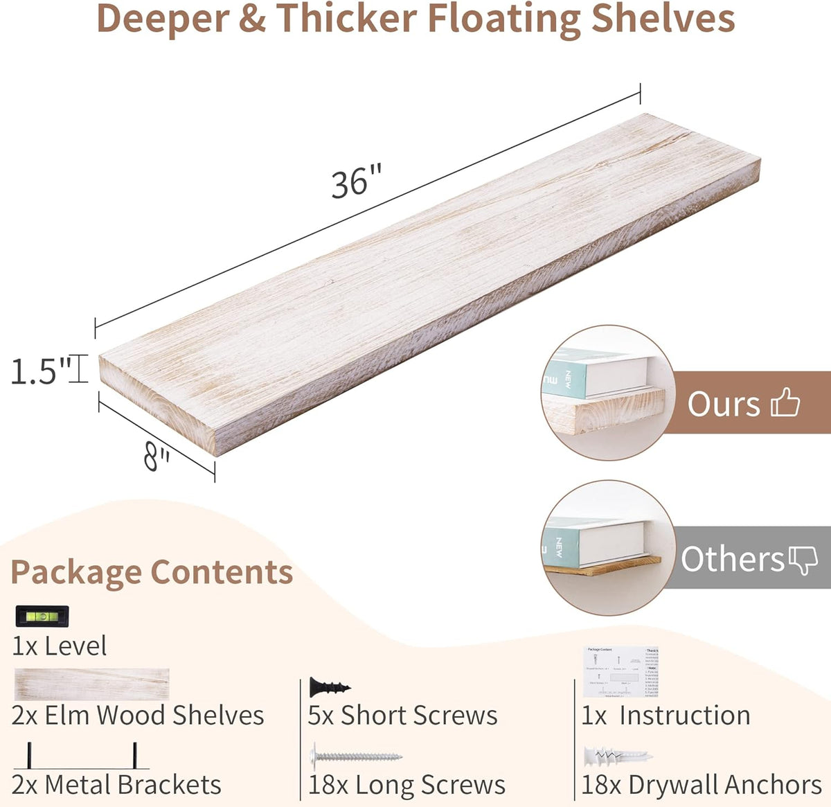 Axeman Floating Shelves for Wall, 8 Inch Deep Rustic Solid Elm Wood Wall Shelves for Storage, Wall