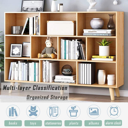 IOTXY Wooden Open Shelf Bookcase - 3-Tier Floor Standing Display Cabinet Rack with Legs, 10 Cubes
