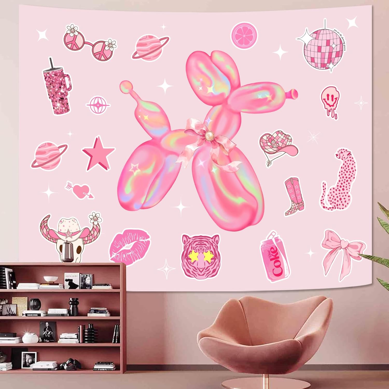 Lunerfex Y2K Tapestry Pink Dog Wall Tapestry, Cute Tapestries for Bedroom Funny Tapestries Wall
