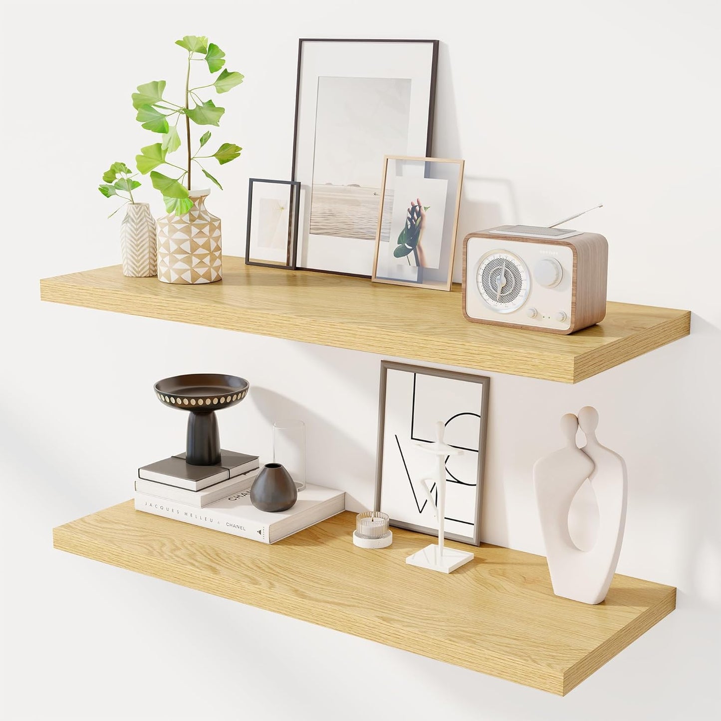 36" Floating Shelves for Wall, 12" Deep Slim Oak Floating Shelves, Wall-Mounted Shelves for