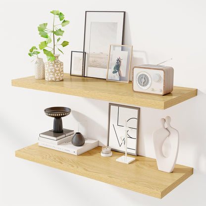 36" Floating Shelves for Wall, 12" Deep Slim Oak Floating Shelves, Wall-Mounted Shelves for