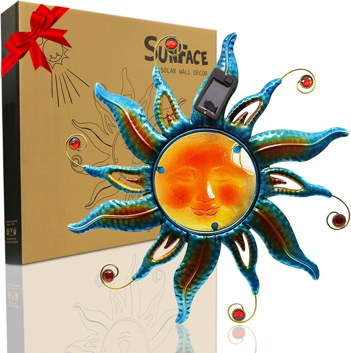 Goodeco Solar Sun Face Wall Art – Metal Outdoor Wall Decor with Solar LED Lights for Garden & Patio