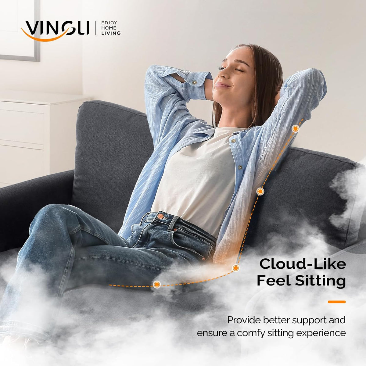 VINGLI 47" Small Couch, Linen Loveseat Sofa Black Mini Couch Mid Century Modern Decor Love Seat for