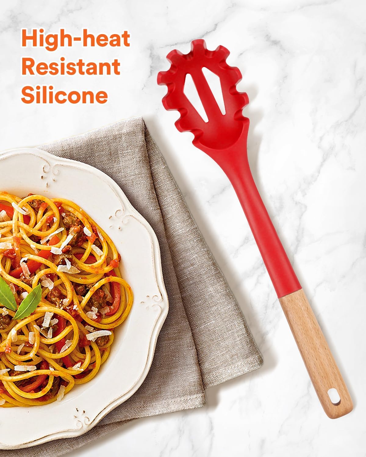Silicone Pasta Fork, Kitchen Heat Resistant Noodle Spoon Server, BPA Free Spaghetti Strainer,12.8