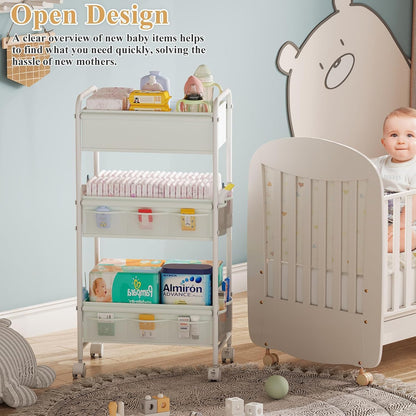 3-Tier Baby Diaper Caddy Cart Organizer,Mobile Nursery Organization with Wheels,with 2 Dividers &