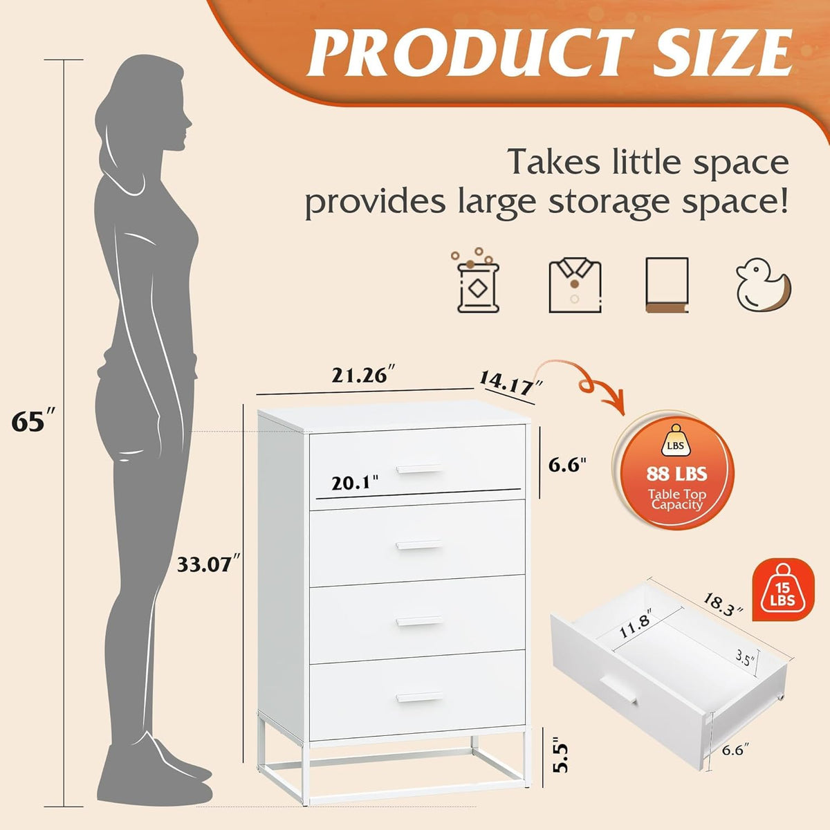 WLIVE White Wood Dresser for Bedroom with 4 Drawers, Tall Chest of Drawers with Sturdy Metal Frame