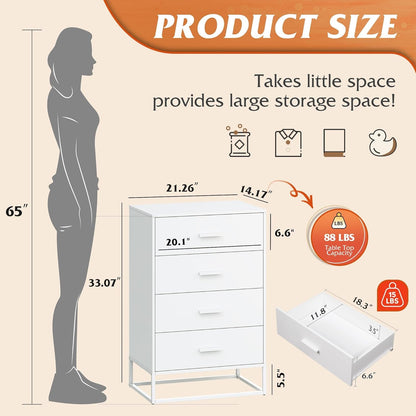 WLIVE White Wood Dresser for Bedroom with 4 Drawers, Tall Chest of Drawers with Sturdy Metal Frame