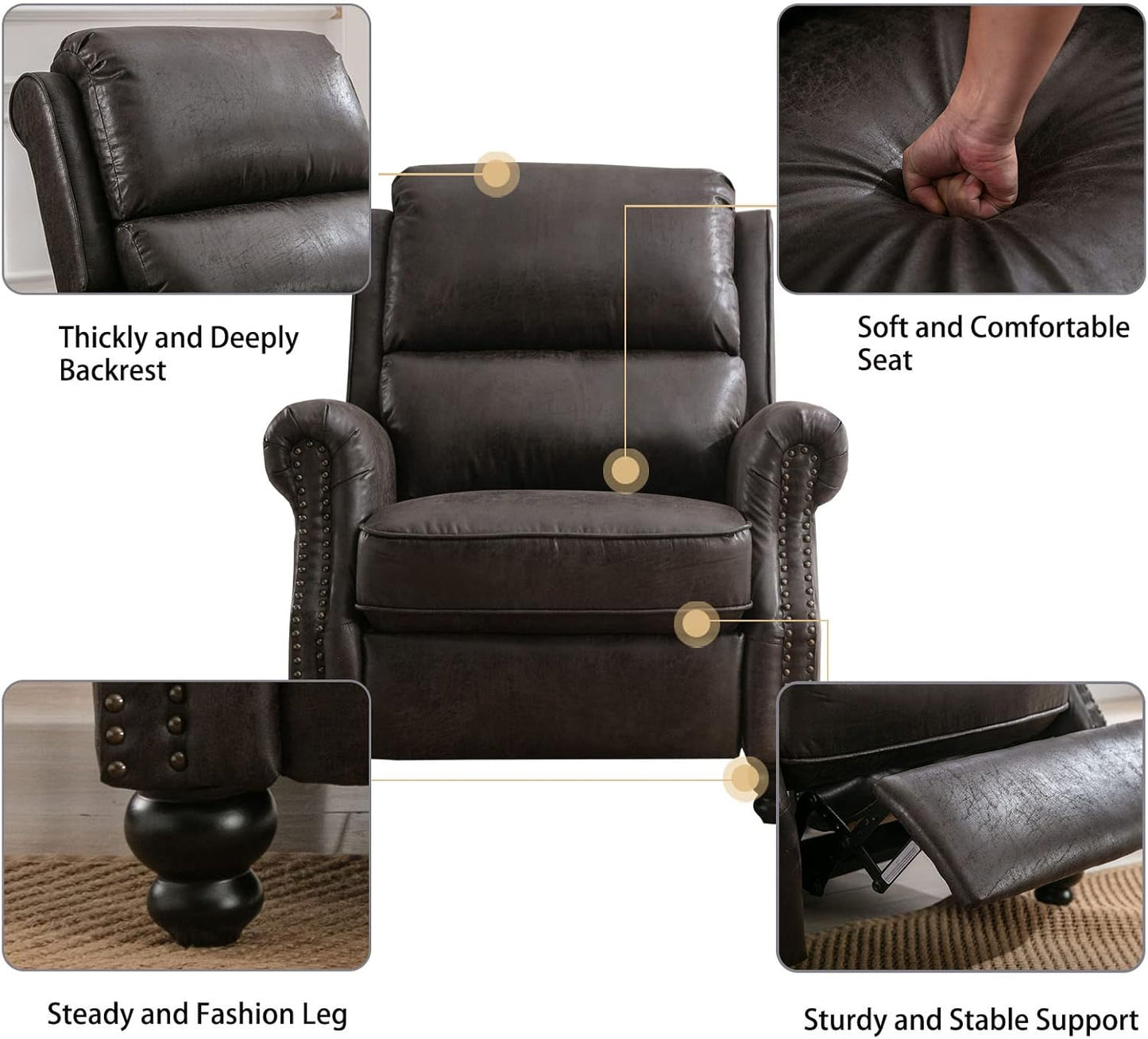 CANMOV Pushback Recliner Chair Faux Leather Armchair Push Back Recliner with Rivet Decoration