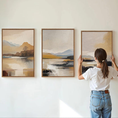 Tinonedraw Beige Mountain Landscape Framed Canvas Wall Art, Abstract Mid Century Modern Wall Decor