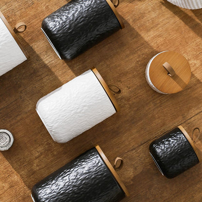 Black White Ceramic Coffee Canister Tea Canister with Seal Wood Lid, Airtight Coffee Storage