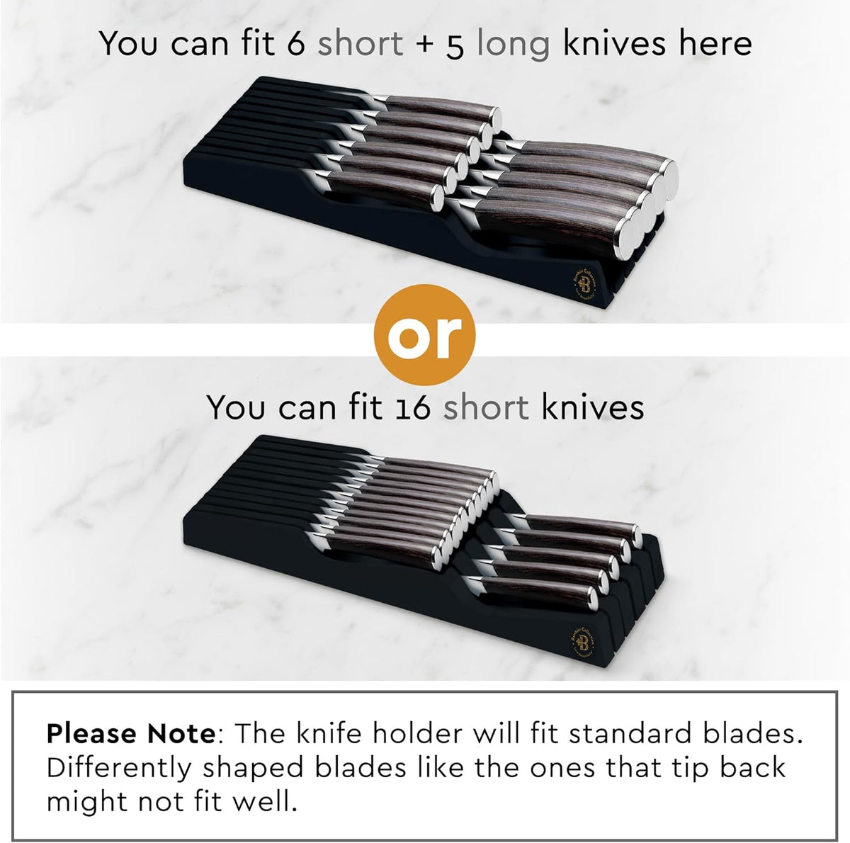 In-Drawer Knife Block - Bamboo Knife Drawer Organizer for Kitchen - Fits 5 Long + 6 Short Knives |